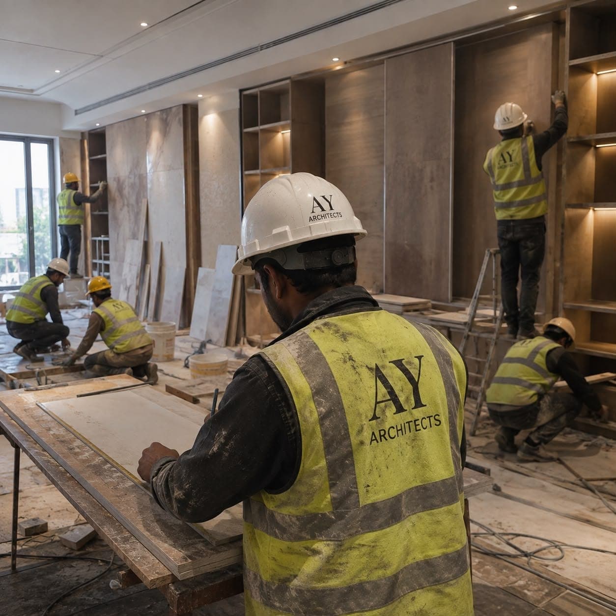 The AY Architects crew completing interior millwork and fitout on site