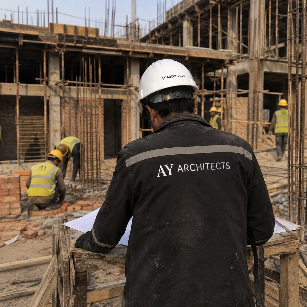 Araiz Ahmed Khan reviewing drawings on an AY Architects site
